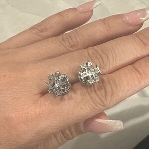 Tory Burch Silver Logo Stud Earrings